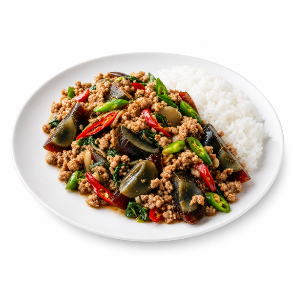 หมูสับไข่เยี่ยวม้าผัดพริกสด